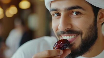 Smiling man eating date in cafe