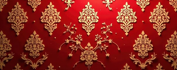 Red damask wallpaper with golden floral patterns, intricate damask design on a red background, decorative wallpaper, red decor