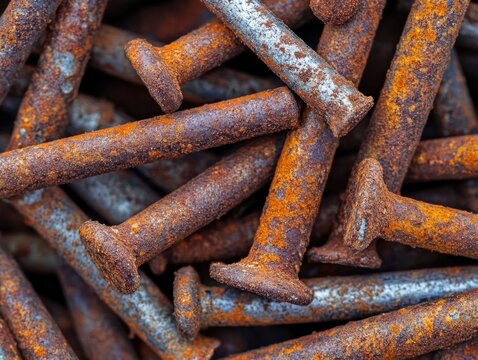 Abstract macro of rusted nails with textured surface and soft natural light