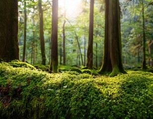 Fototapeta premium 湿った苔と梅雨の森林、太陽の光が薄く差し込み、静けさが漂うしっとりとした景色