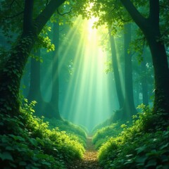 Obraz premium Radiant sunbeams piercing the canopy above, illuminating lush green undergrowth, light, illumination