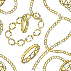 Fashion design made with gold colored chain jewelry seamless pattern on a white background