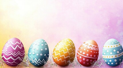 A minimalist Easter background featu five vibrantly colored decorated eggs sitting on a soft pastel background perfect for sp holiday cards and digital designs.