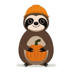 A cute cartoon sloth wearing an orange construction helmet, holding a pumpkin in its hands, isolated on a white background.