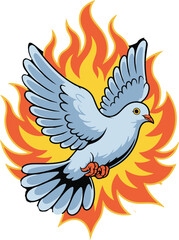 Pentecost Sunday Art – Dove Soaring Through Fire Vector Graphic.