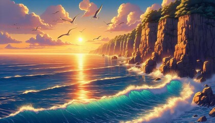 Anime Ocean Cliff Sunrise Scenery