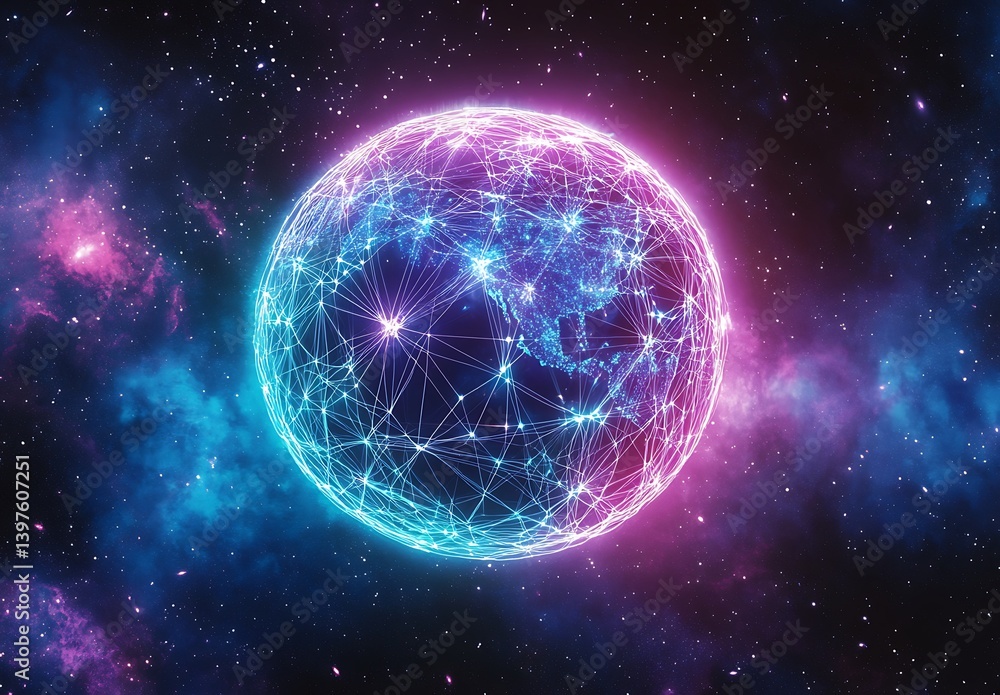 Poster glowing digital globe in cosmic nebula abstract network sphere