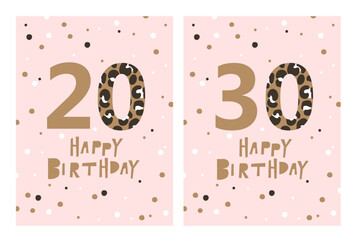 Happy birthday greeting cards 20 and 30 years old. Vector illustrations