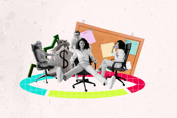 Sketch template design 3D photo collage composite of young lady man group coworking sit armchair...