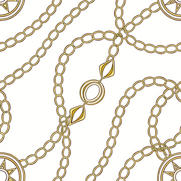 Fashion design made with gold colored chain jewelry seamless pattern on a white background