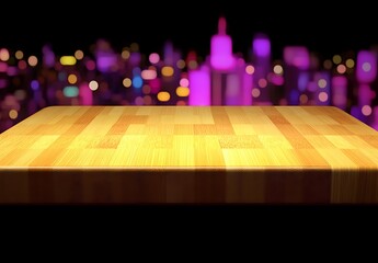 Golden Wooden Tabletop Against Blurred City Night Lights