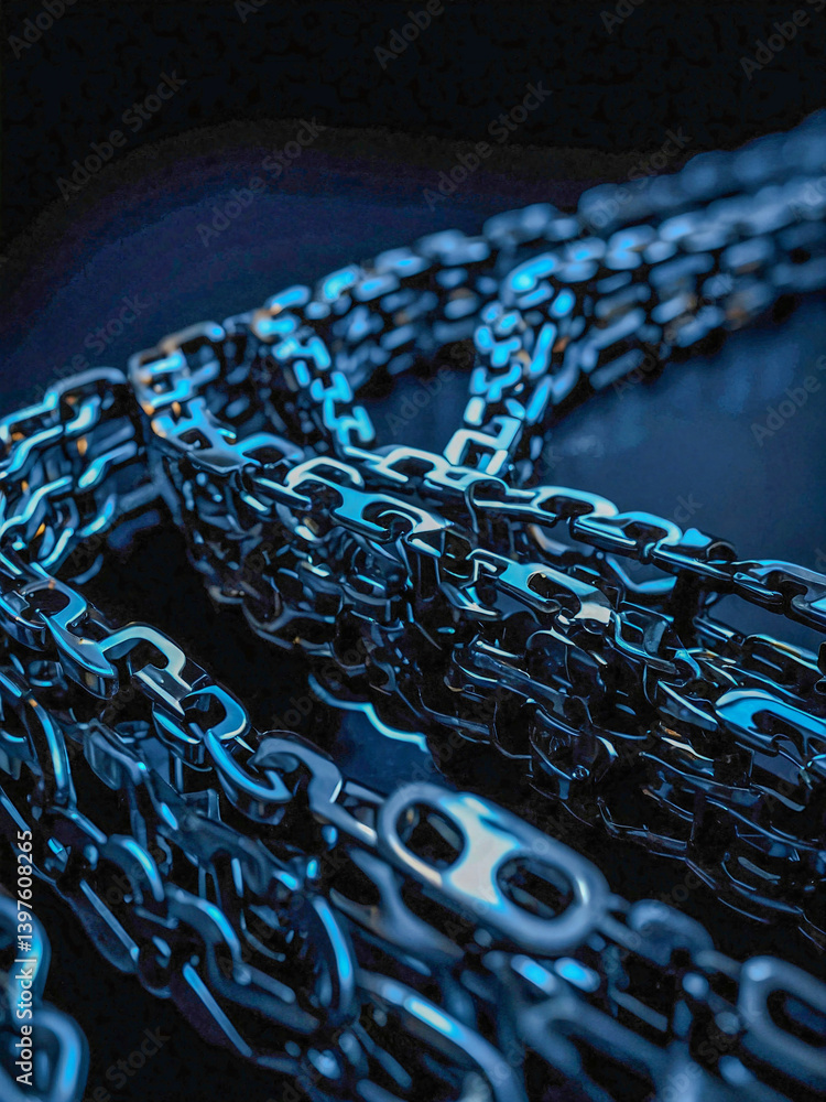 Poster dynamic chain connection abstract digital art, technology concept in a dark background, close-up vie