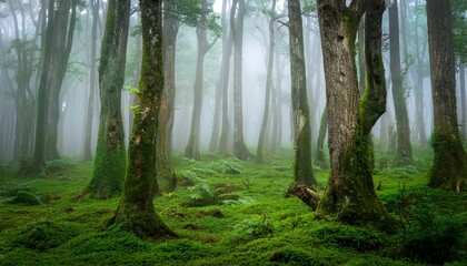 霧に包まれた梅雨の林、湿った土と苔に覆われた木々が静かに息づく自然の景色

