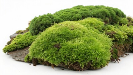 Vivid green moss thriving on a rocky surface against a bright white background