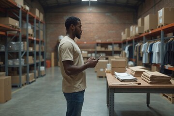 Efficient Inventory Management in Apparel Logistics: Young Black Man Using a Digital Tablet to Oversee Stock in a Spacious Industrial Warehouse with Clothing Racks