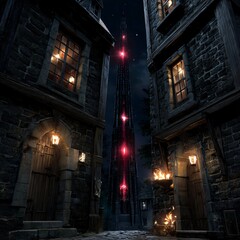 Naklejka premium Dark Gothic Alleyway at Night with Illuminated Tower and Eerie Atmosphere of a Mysterious Town