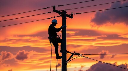 Silhouette of an electrician working on top of a telephone pole at sunset, with power lines in the background, symbolizing energy, electrical work, and infrastructure.