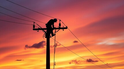 Silhouette of an electrician working on top of a telephone pole at sunset, with power lines in the background, symbolizing energy, electrical work, and infrastructure.