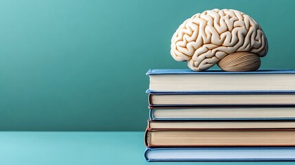 Off White Brain Model on Stack of Aged Books Against Teal Background
