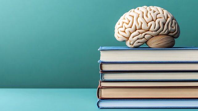 Off White Brain Model on Stack of Aged Books Against Teal Background