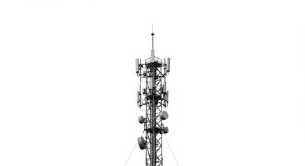 Telecommunications tower against a stark white canvas depicting connectivity