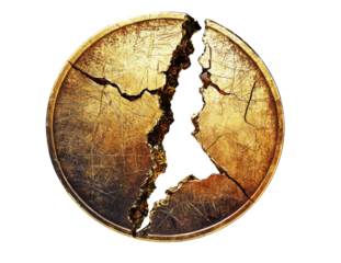 Cracked Gold Coin Representing Cryptocurrency Market Crash Concept Isolate on Transparent Background, cutout, png