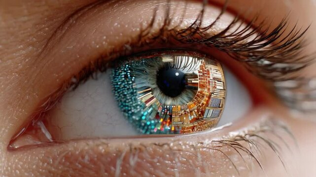 Futuristic Vision: Close-up of a captivating eye with a mesmerizing iris showcasing a fusion of technology and the human body.