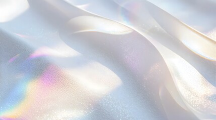 Soft iridescent fabric with subtle folds and light reflections creates a luxurious, elegant background texture.