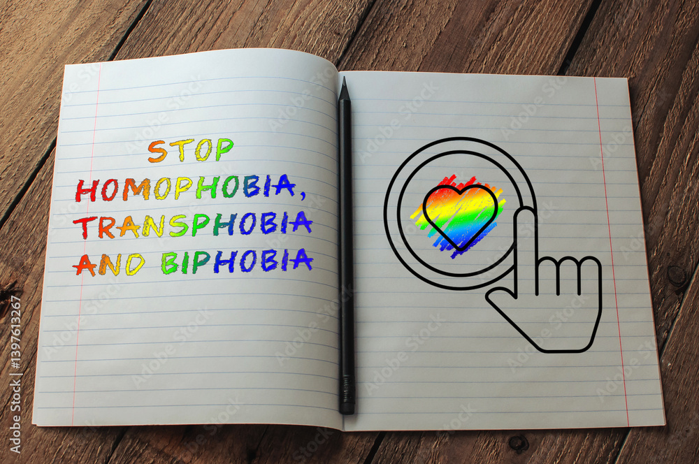 Poster notebook is open to a page with a rainbow heart and the words stop homophobia
