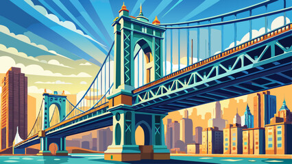Fototapeta premium The Manhattan Bridge, New York City. Awesome wideangle upward vi
