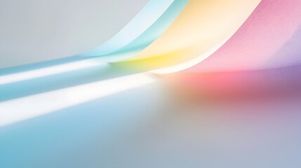 Abstract pastel rainbow paper curves illuminated by bright light beams on neutral background.