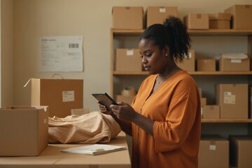 Focused Plus-Size African American Woman Using a Tablet to Manage Inventory in Her Small Business Storage or Workshop Area
