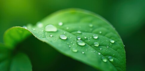 Fototapeta premium Softly falling water droplets on a leaf , leaf, watercolor