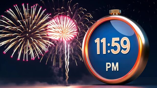 New Year and countdown year end concept. A digital clock displays 11:59 PM, surrounded by colorful fireworks in a dark background, symbolizing the countdown to a celebration