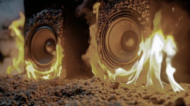Burning speakers igniting flames on a rocky surface  Stock Video