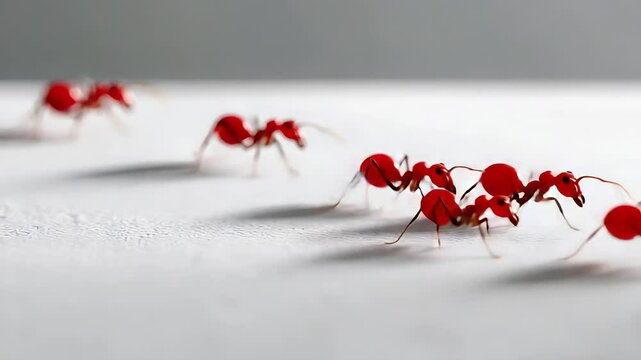 Red ants march in a line across a surface during daylight hours in a close-up view of their intricate movement patterns