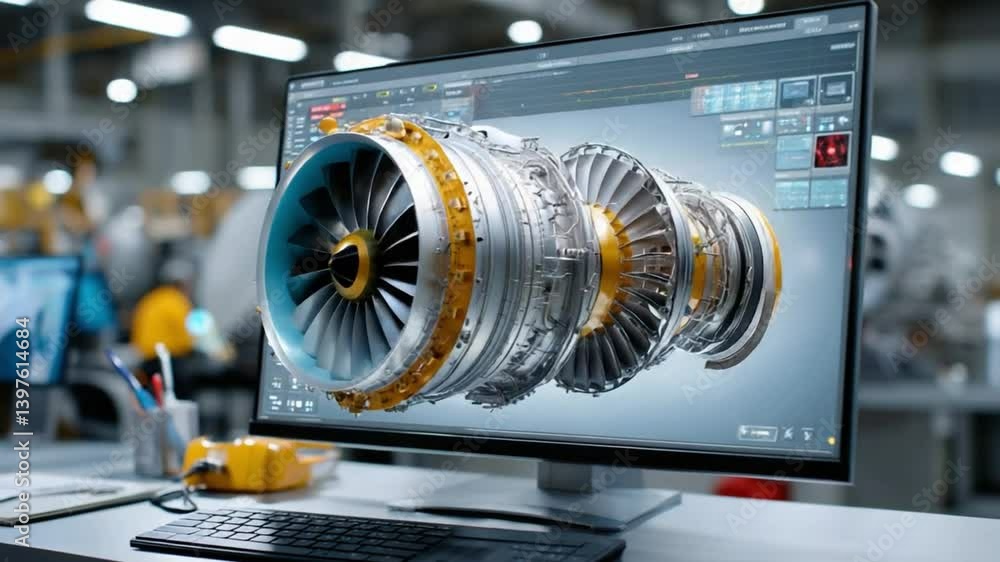 Aufkleber engineering precision: a detailed 3d model of an industrial machine, displayed on a computer monitor