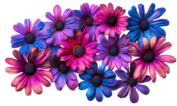 Vibrant Neon Daisies in Cyberpunk Style Showcasing Bold Colors Isolate on Transparent Background, cutout, png