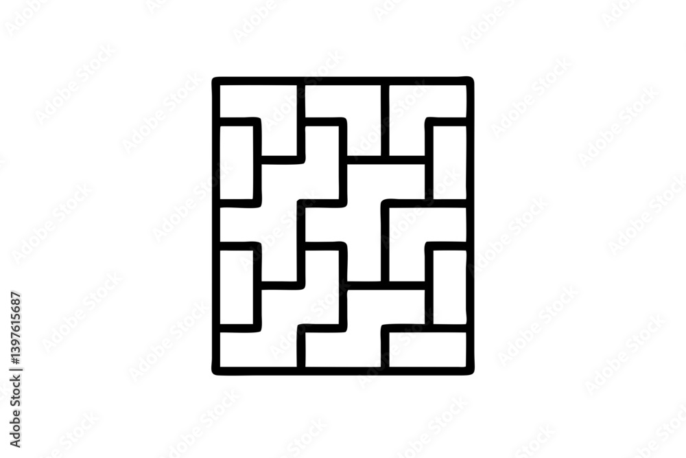 Poster an intricate interlocking puzzle of bold black lines creating a captivating geometric pattern in a m