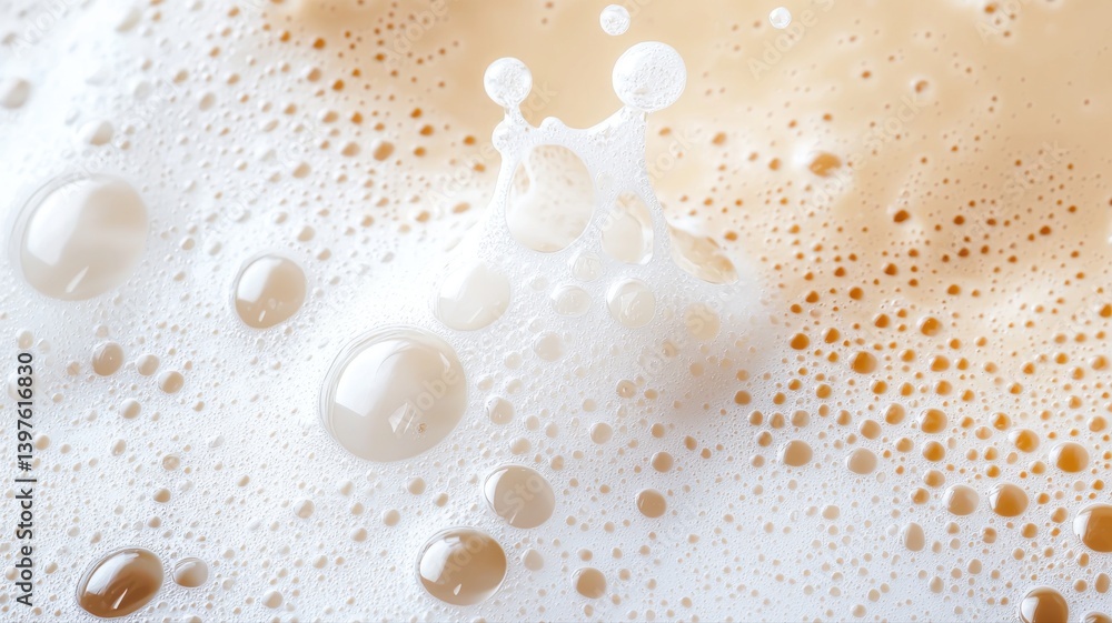 Poster close-up of frothy, bubbly liquid surface with cream-colored foam bubbles creating a textured patter