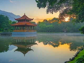 Fototapeta premium Ancient temple mirrored in tranquil pond with dawn lighting and copy space below