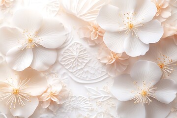 Beautiful soft white and peach flowers scattered on a white surface