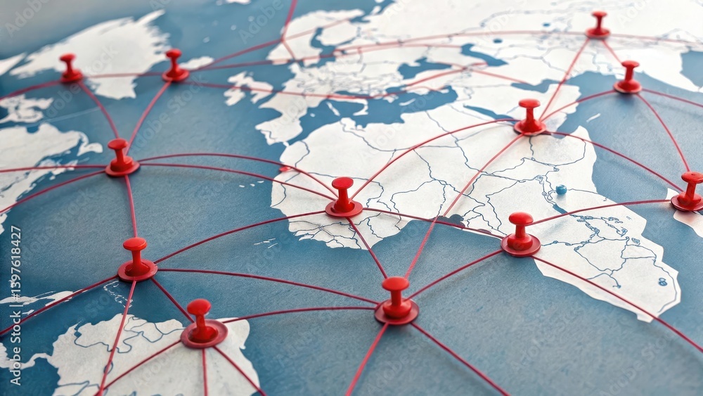 Poster global connections represented by map pins and lines on a world map.