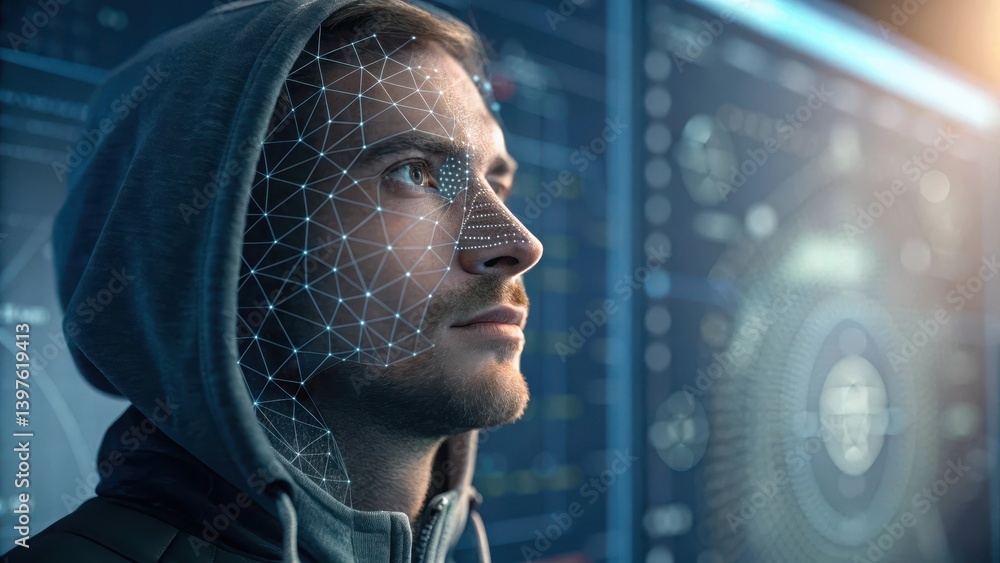 Poster digital portrait of a person with a geometric overlay in a technological setting.
