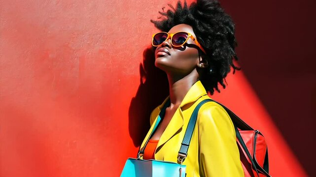 Stylish woman in yellow jacket, sunglasses, and bag against red wall