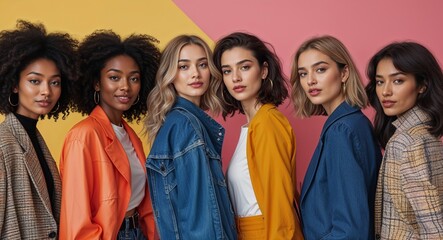 diverse 20s friend group on colorful plain bright background modern chic fashion pose  model portrait  portrait banner with copy space ad concept marketing