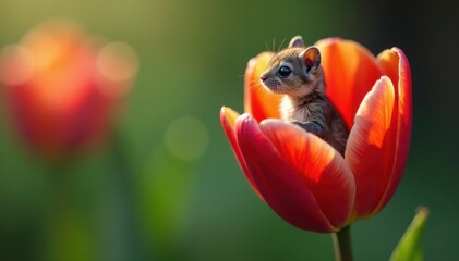 Obraz premium Tiny creature sitting inside the tulip cup, greenhouse, cups