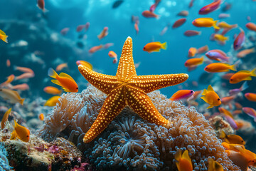 Sea Star Resting on Coral Surrounded by Colorful Fish in Ocean Habitat Created with Generative AI