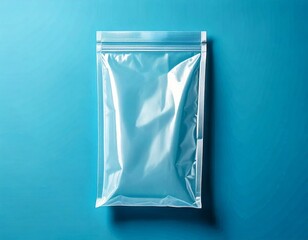 A clear, resealable plastic bag filled with a light blue substance, set against a solid blue background.