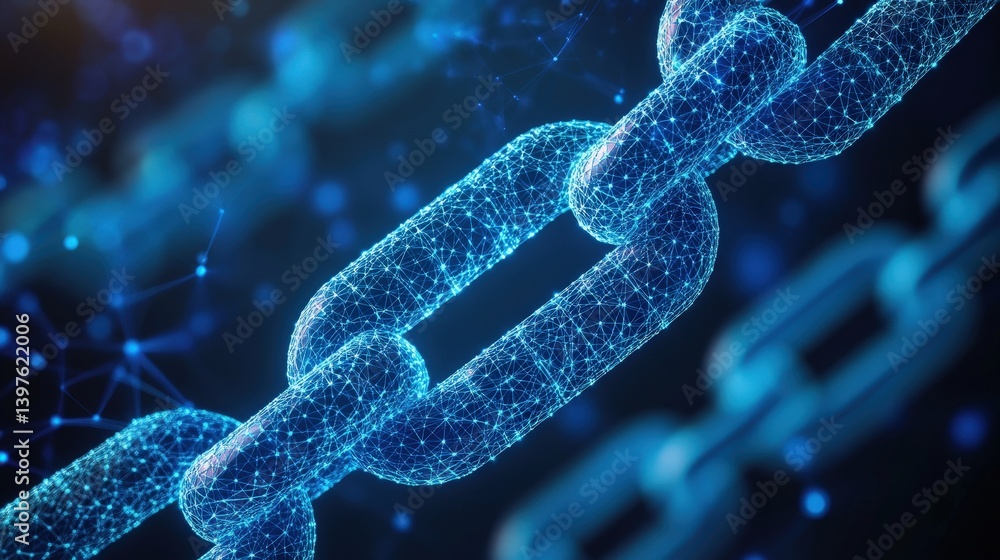 Poster a sleek blockchain-inspired design with glowing decentralized network elements and digital ledgers